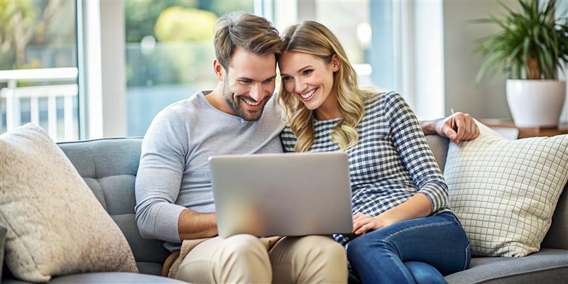 Happy couple applying for a short term loan online using a laptop
