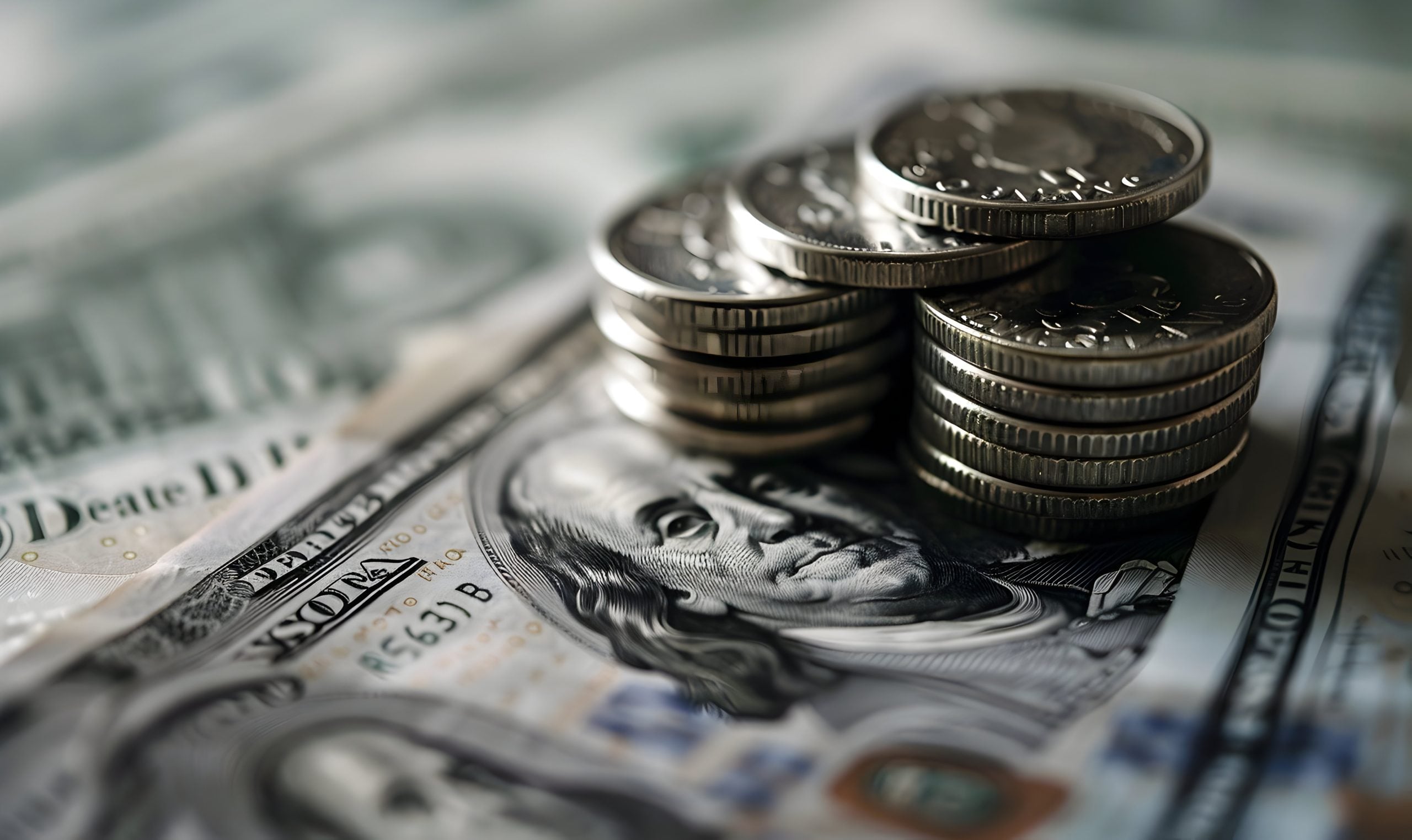 Close-up of several stacks of coins placed on top of a US dollar bill.