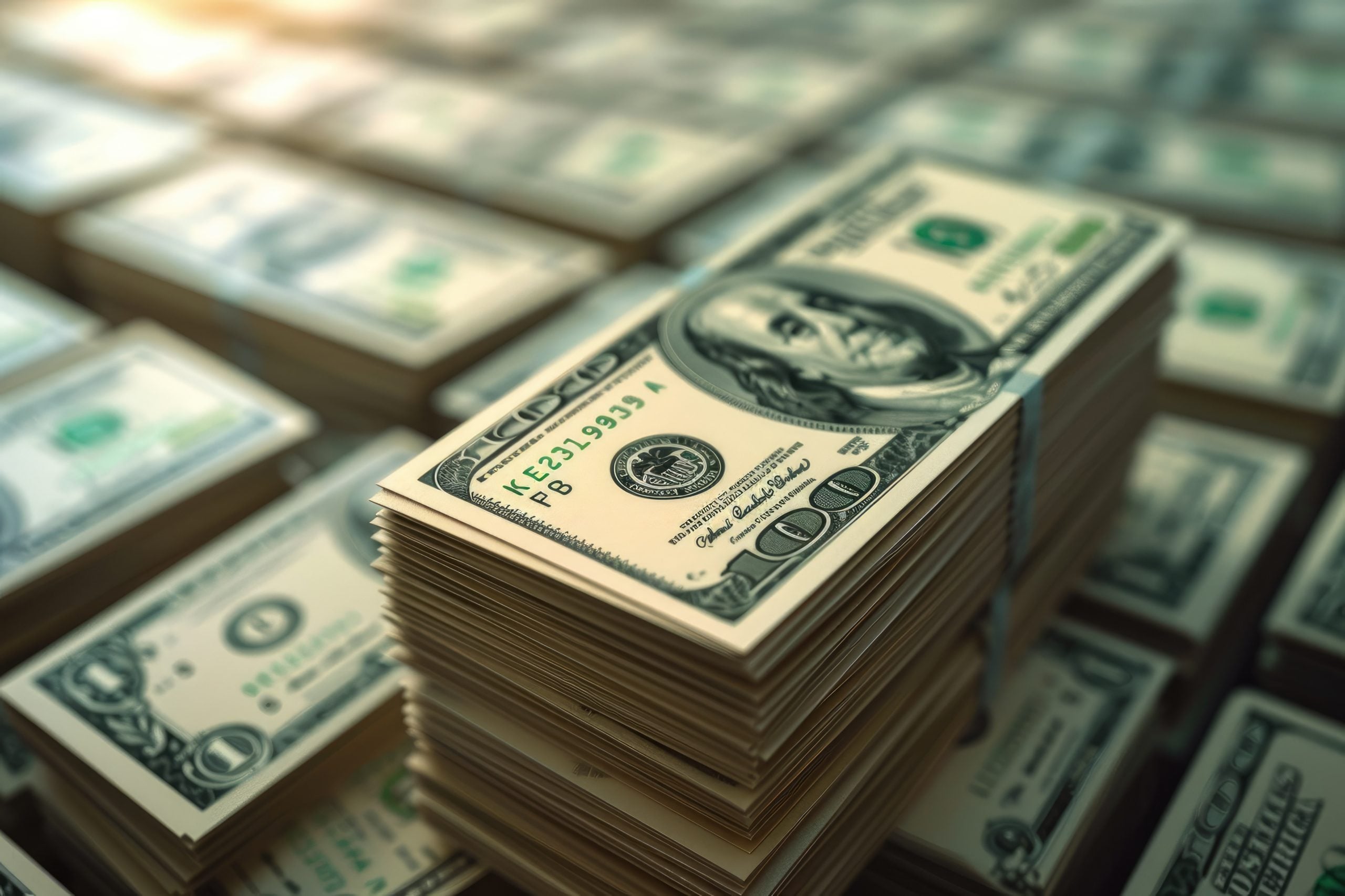 Close-up of several stacks of coins placed on top of a US dollar bill.