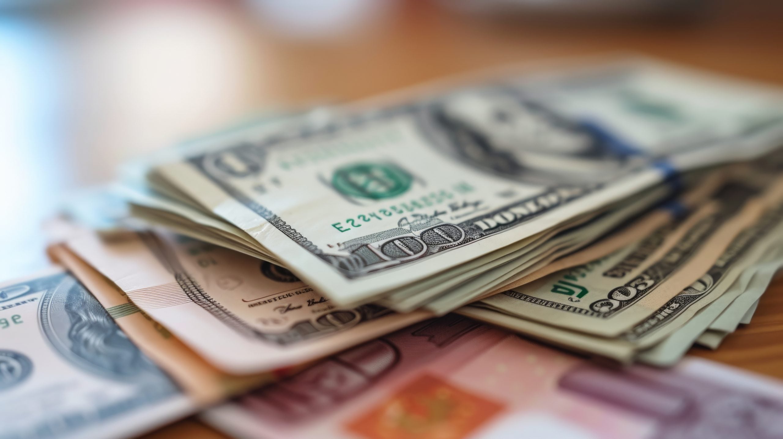 Close-up of a thick pile of 100-dollar banknotes arranged as a cash background.