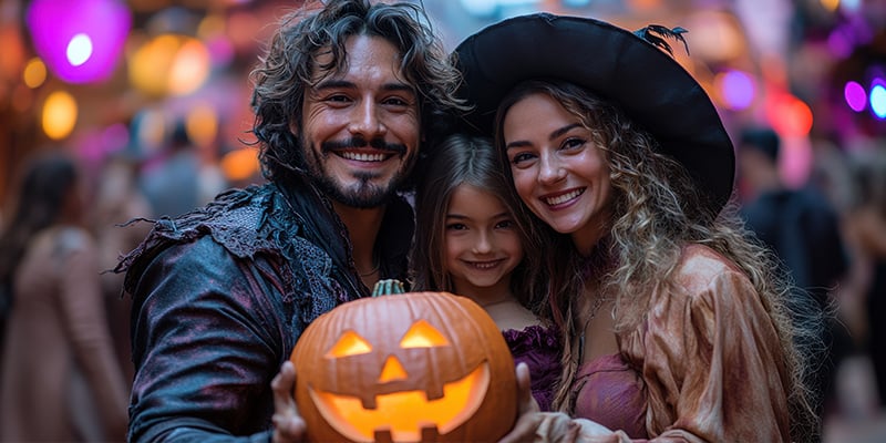 Family with Halloween costumes with a pumpkin